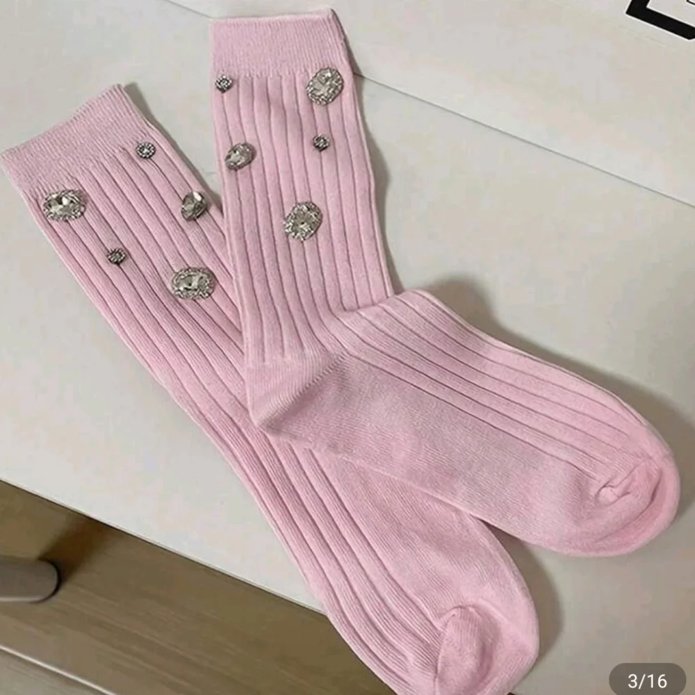 SHEIN Pink Ribbed Crew Socks with Rhinestone Accents